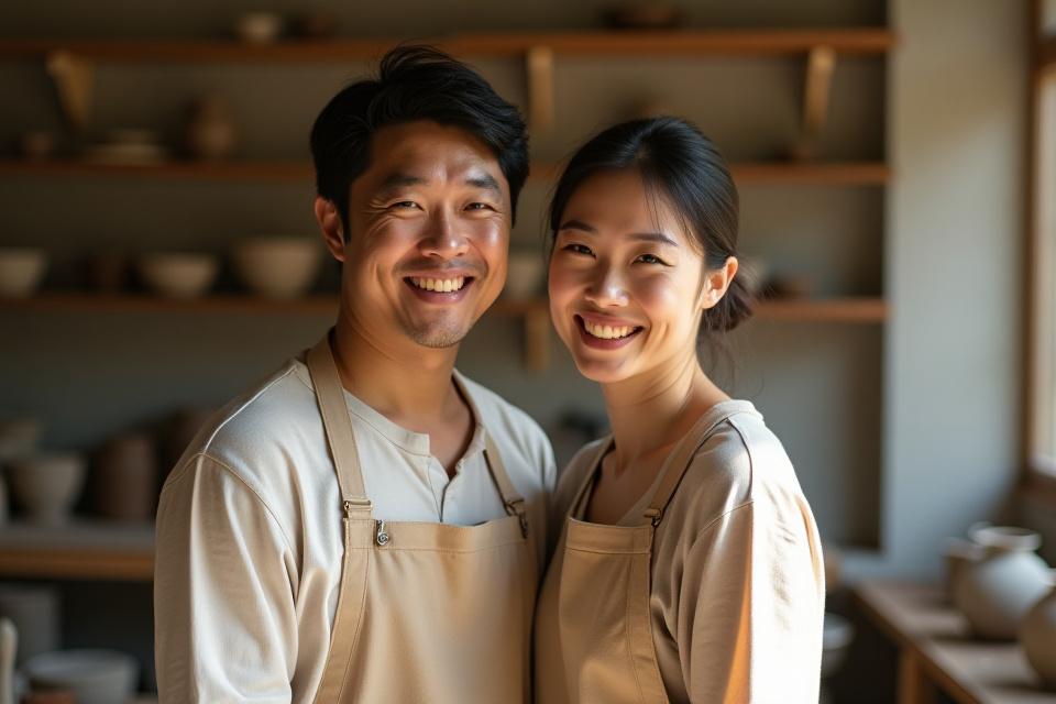 Yaki-Manabi founders smiling in their natural-light filled ceramics studio, hands lightly dusted with clay, surrounded by pottery wheels.