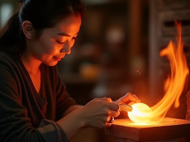 Portrait of Akari Sato, a Japanese glass artist, meticulously shaping molten glass with a blowpipe in a vibrant studio.