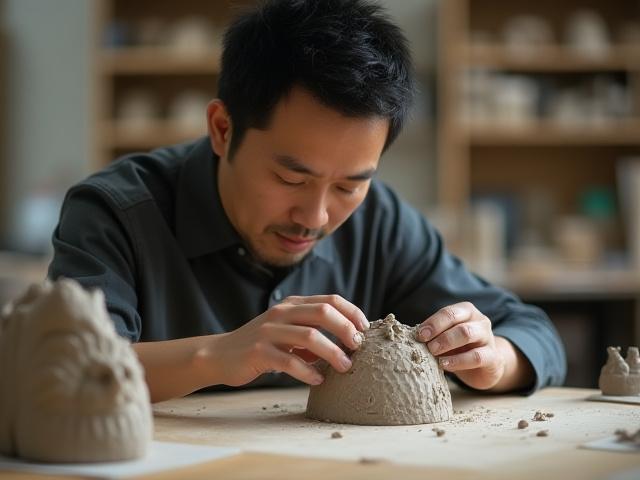 Portrait of Haruki Nakamura, a Japanese artist, demonstrating hand-building ceramic techniques with intricate details.