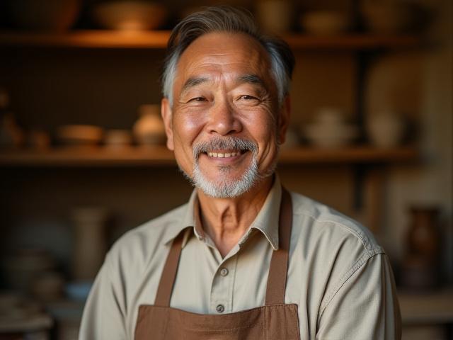 Portrait of Kenji Tanaka, a Japanese master potter, smiling warmly in his studio.