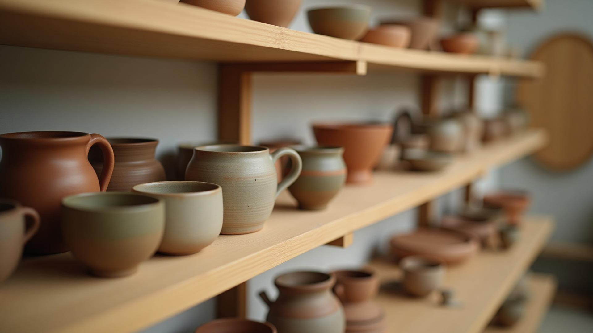 Artfully arranged shelves showcasing a diverse collection of completed student ceramic pieces at Yaki-Manabi, demonstrating various techniques and styles.