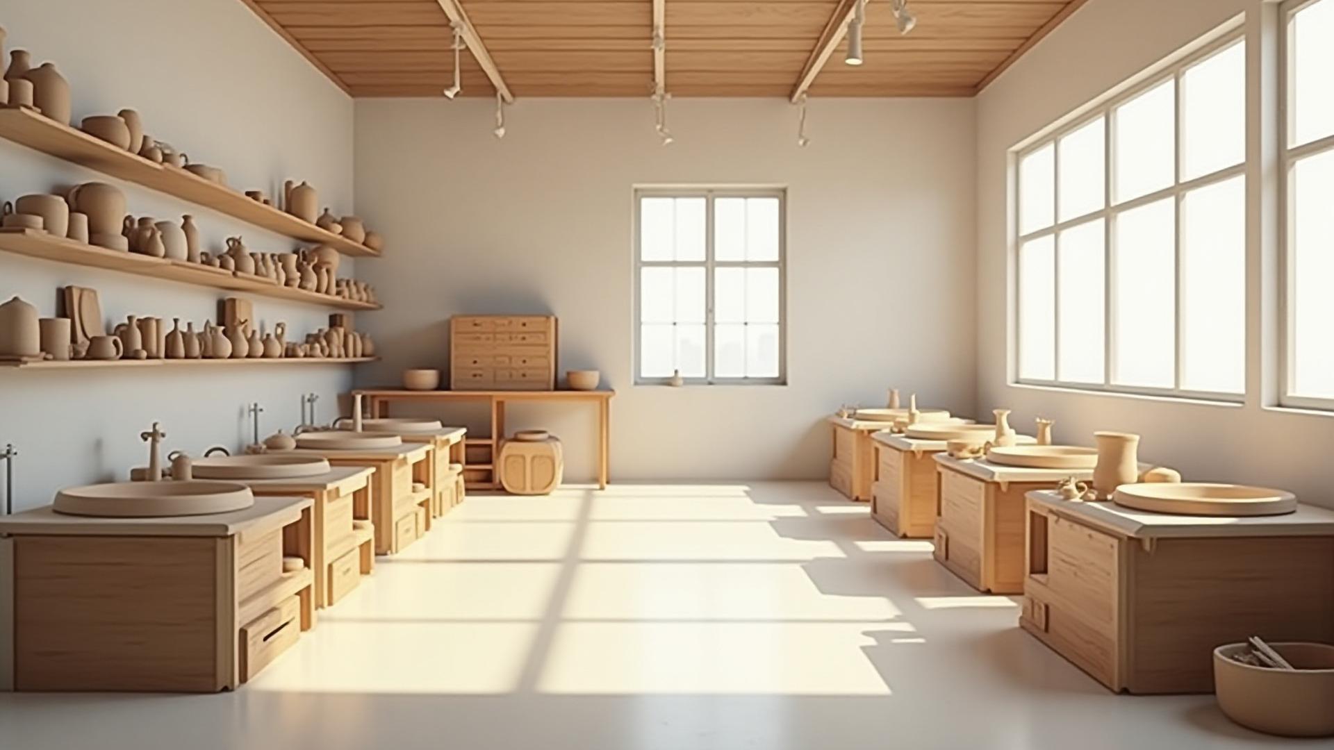 Spacious, well-lit ceramics workshop at Yaki-Manabi, featuring multiple pottery wheels, workbenches, and natural light streaming in from large windows.