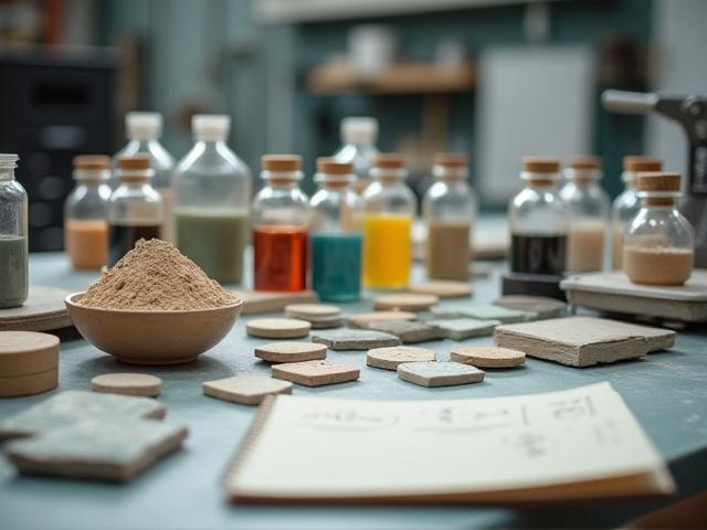 様々な原料と試験片が並ぶ釉薬化学のラボ