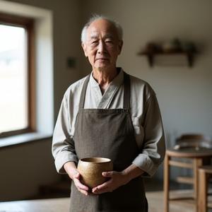 田中 健先生のポートレート。楽焼作品と一緒に.