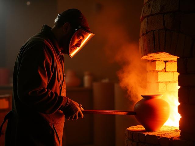 樂焼の窯から赤熱の器を取り出す職人