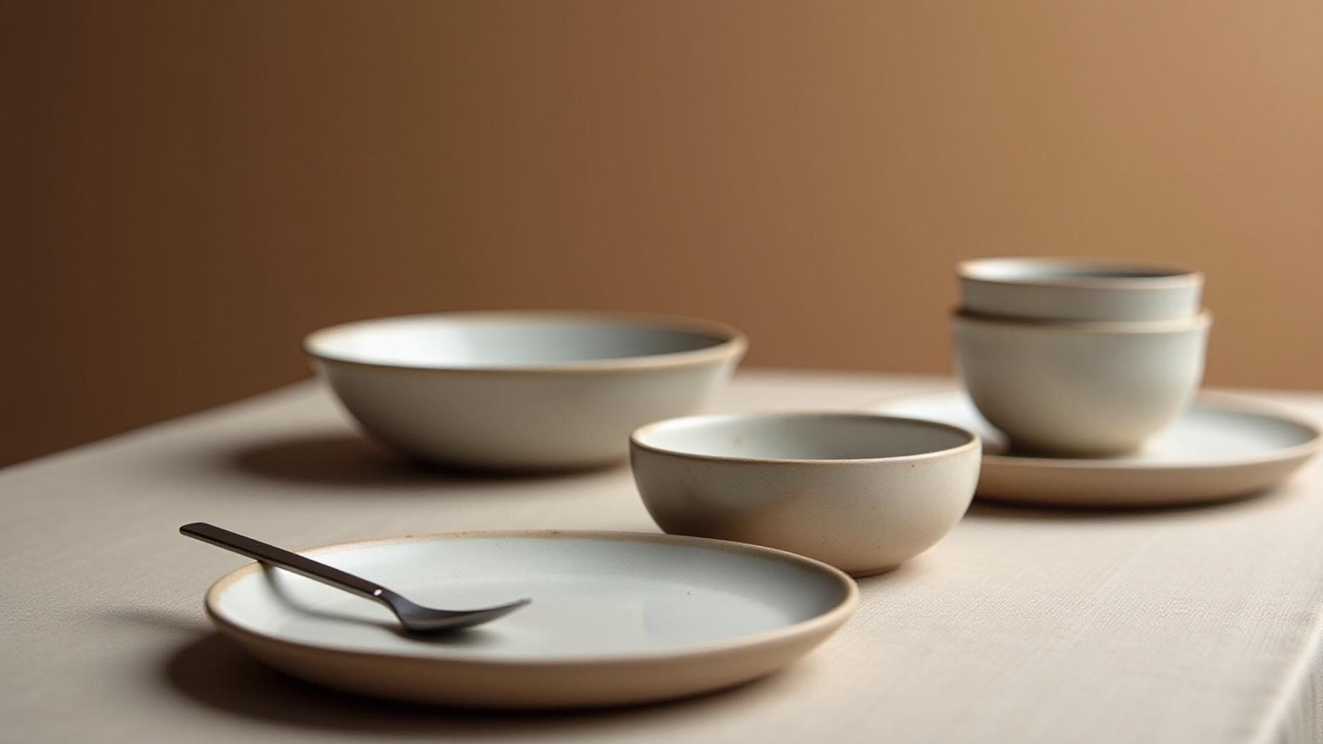 Exquisite bespoke ceramic tableware set on a minimalist dining table, showcasing a unique artisan finish