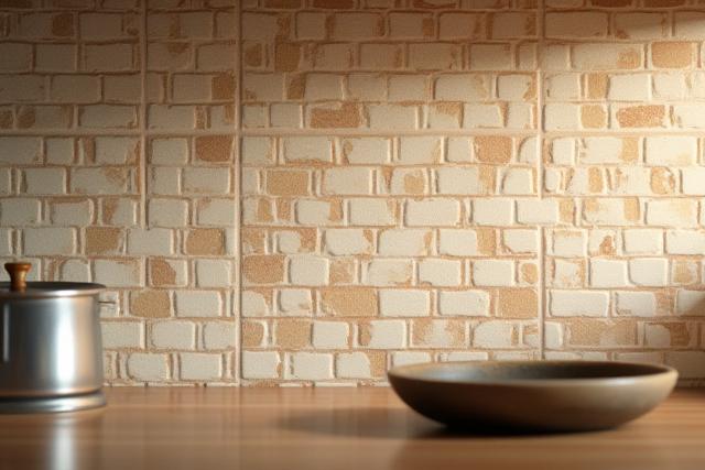 Hand-pressed and glazed ceramic tiles creating a unique kitchen backsplash with varying textures and tones