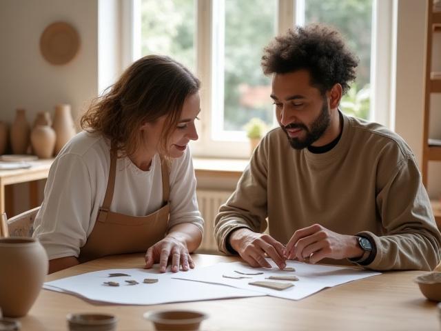 Artisan discussing design sketches with a client in a bright studio