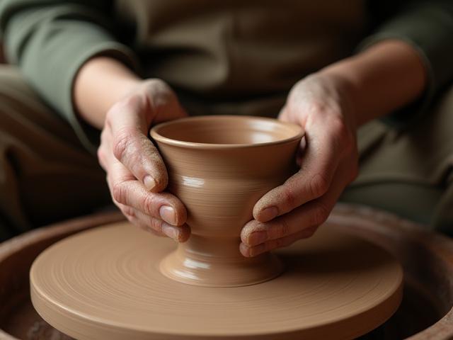 Ceramic artist carefully shaping clay on a pottery wheel in a focused, mindful posture