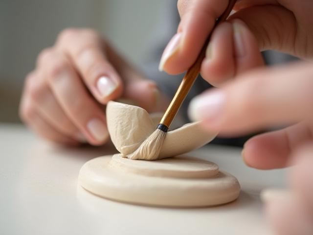 Skilled hands applying glaze to a ceramic piece before firing, highlighting the delicate process