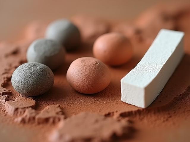 Various types of Japanese clay samples, some grey Shigaraki, some reddish Bizen, labeled with their names in Japanese.