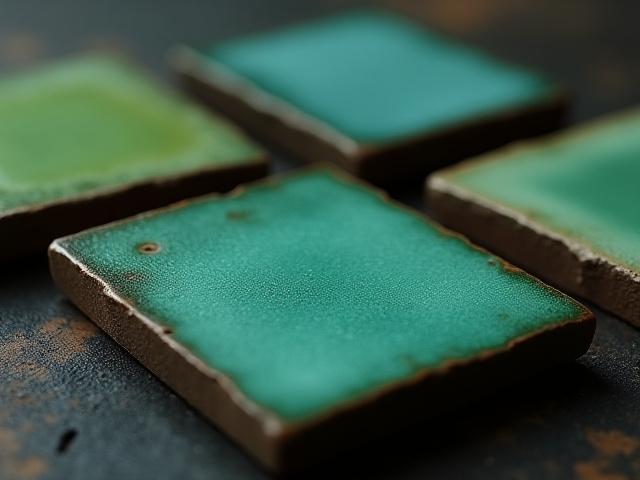Ceramic test tiles showing various glaze finishes including deep green Oribe, subtle blue Celadon, and earthy Shino.