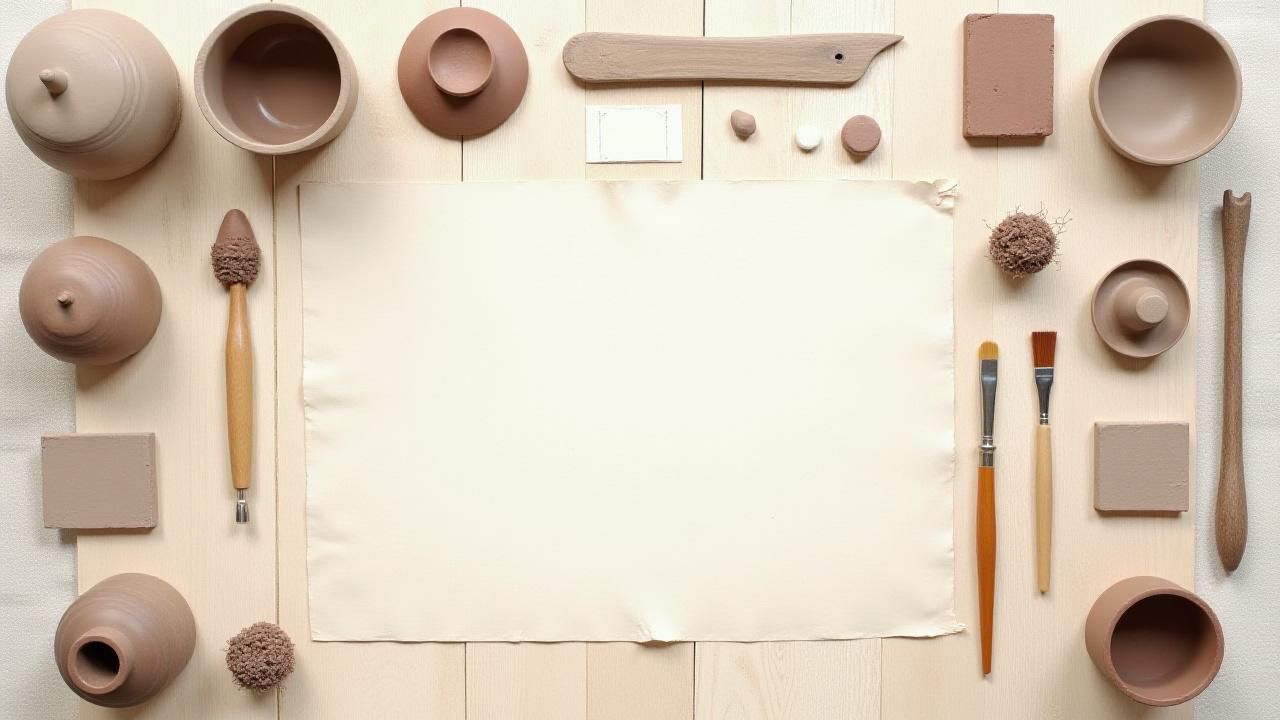 A beautifully arranged flat-lay of various pottery tools, natural clay samples, and handcrafted glaze test tiles on a rustic wooden surface.