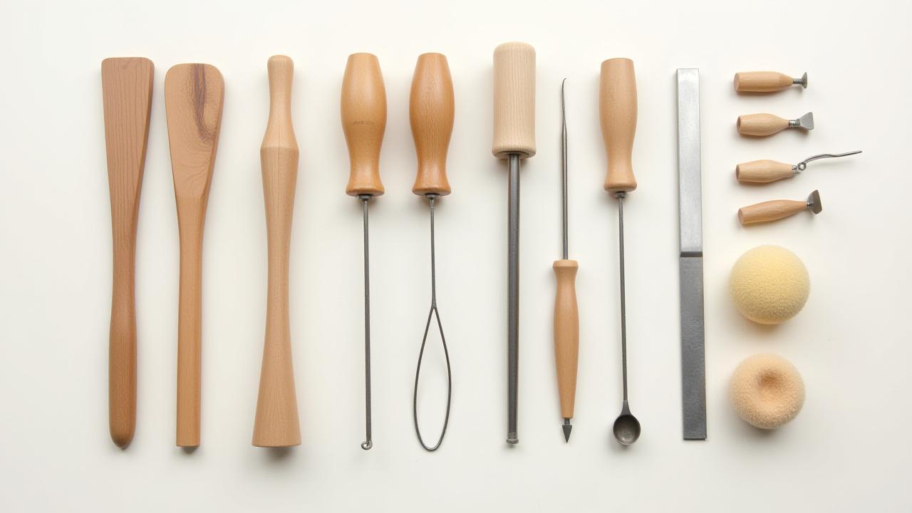 A collection of essential pottery tools neatly laid out, including trimming tools, wooden ribs, natural sponges, and cutting wires.