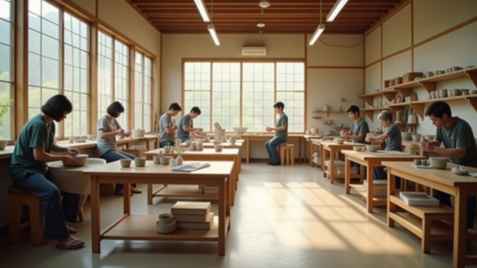 Clean, organized, and well-lit Yaki-Manabi studio space with several artists independently working on pottery wheels and workbenches, creating a calm and focused atmosphere.