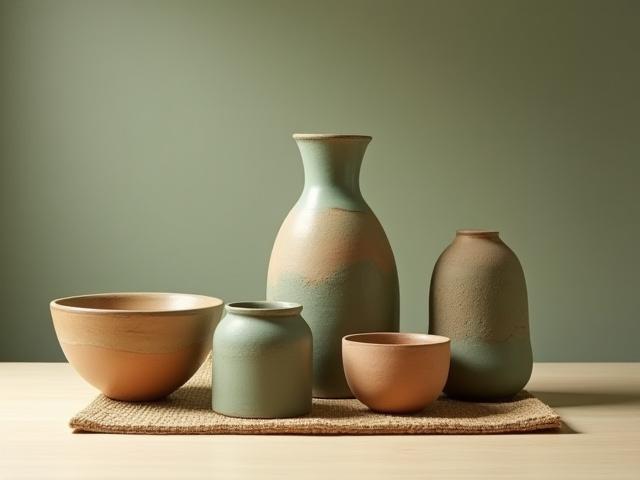 Collection of unique ceramic pieces made from recycled clay, showing natural variations and earthy tones.
