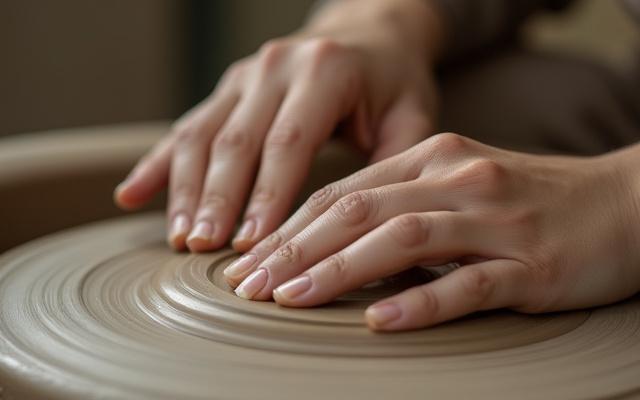 Hands working with marbled recycled clay, creating a unique texture.