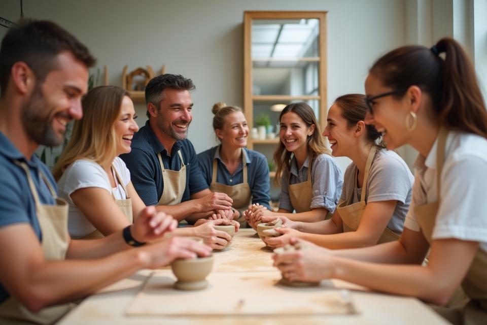 A diverse corporate group laughing and collaborating during a pottery workshop, showing team-building.