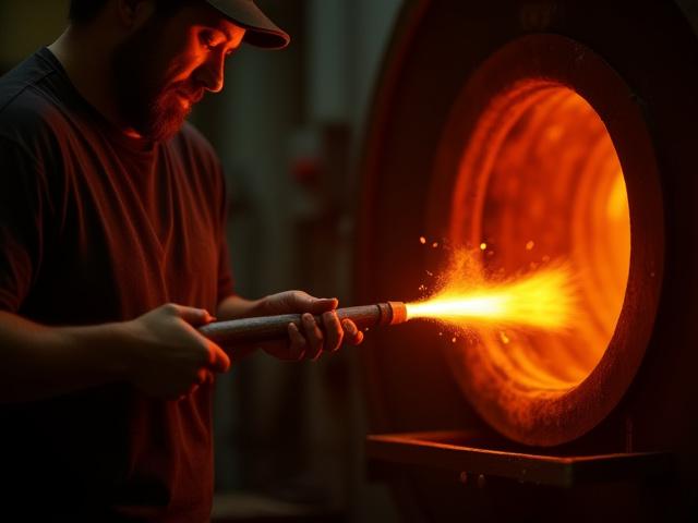Instructor guiding a participant in glassblowing, shaping molten glass.
