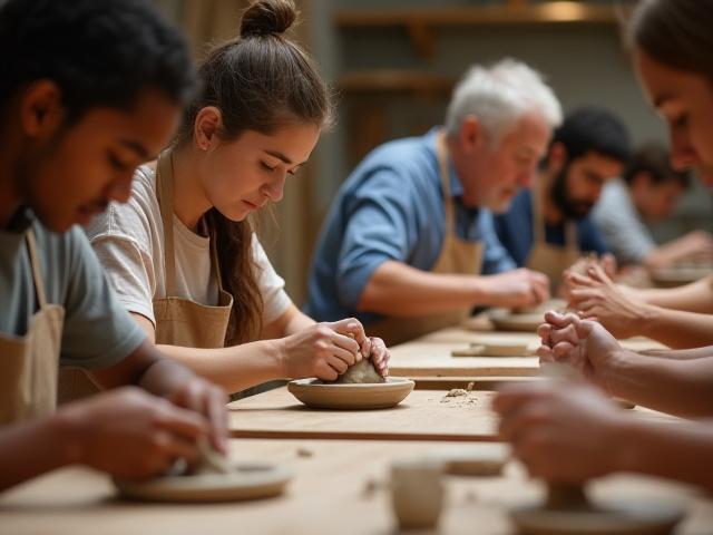 Group of people building pottery by hand, focused on their clay creations.