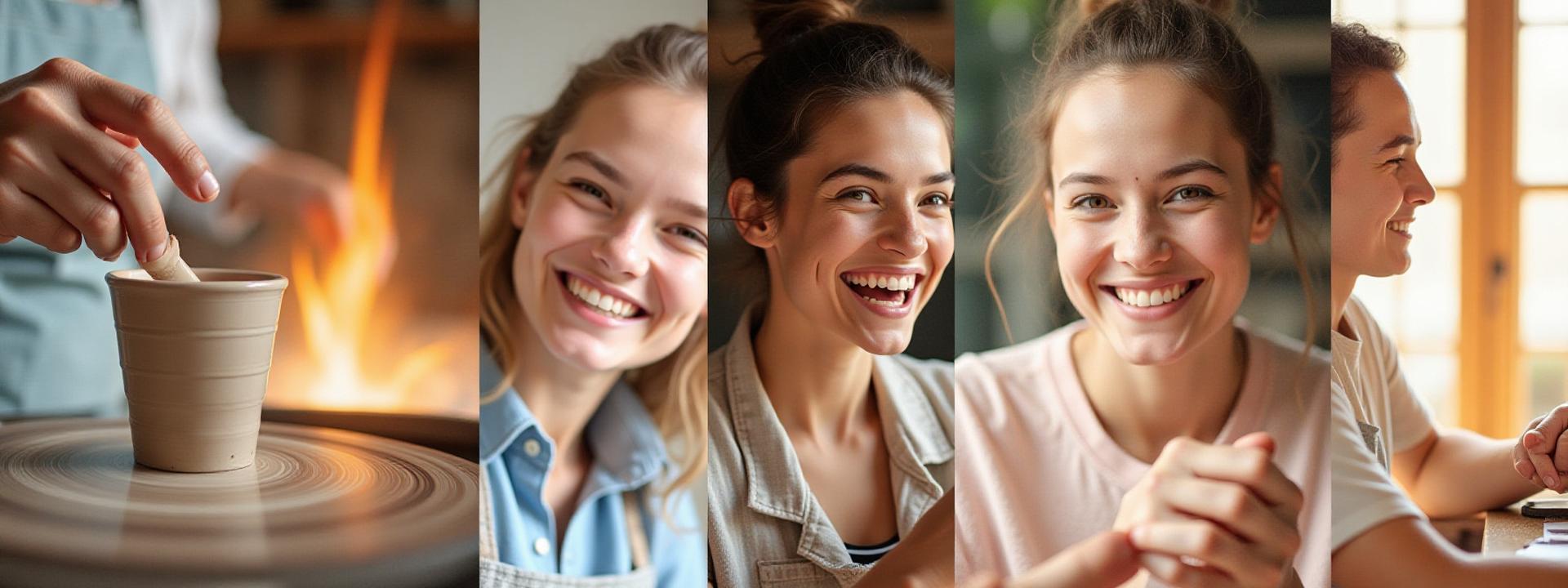 A collage of happy people engaged in pottery and glassblowing workshops at Yaki-Manabi, showing concentration, laughter, and finished artworks.