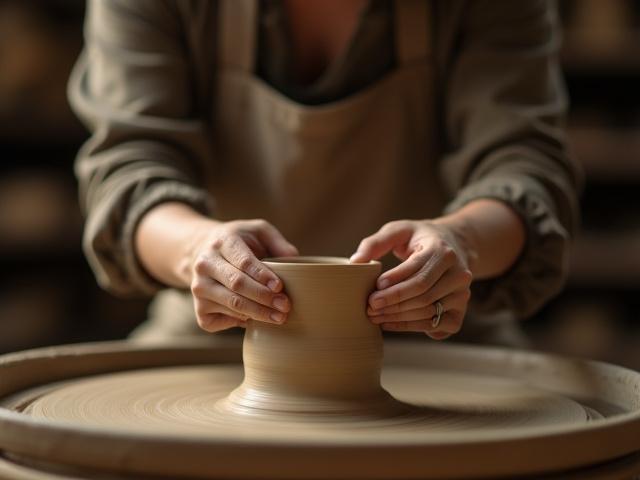 Student focused on a pottery wheel, shaping clay into a bowl.