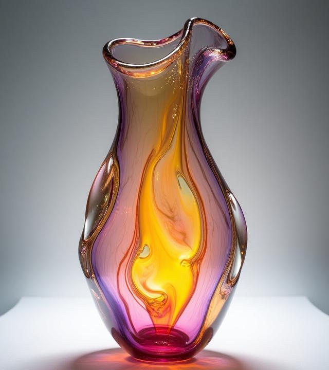 A vibrant, hand-blown glass vase displaying unique color patterns.