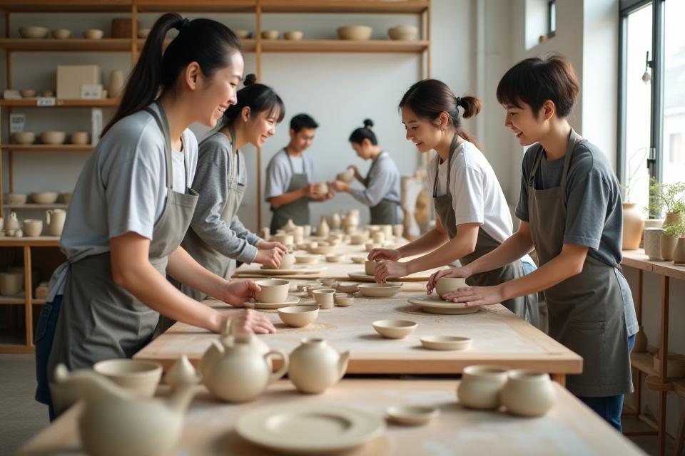 Warm, inviting image of Yaki-Manabi studio with instructors teaching students amidst clay and pottery wheels
