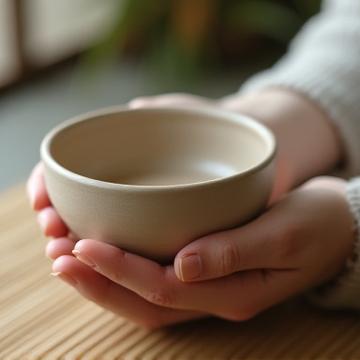Hands gently holding a finished, earthy-toned ceramic bowl, conveying a sense of calm