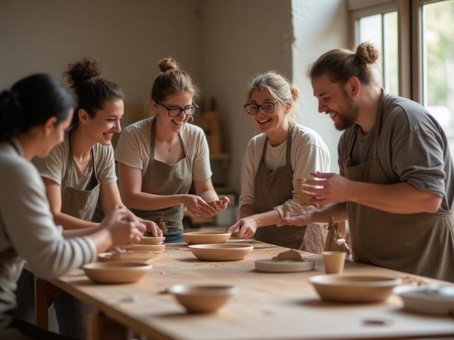 Group of students happily creating pottery together in a bright studio