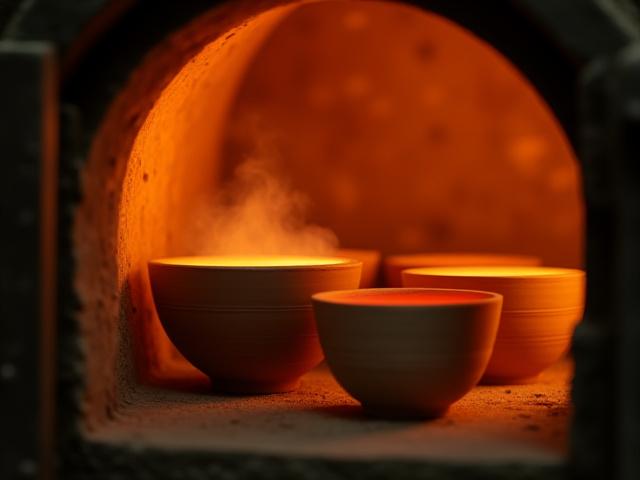 Close up of ceramic pieces inside a professional kiln being fired