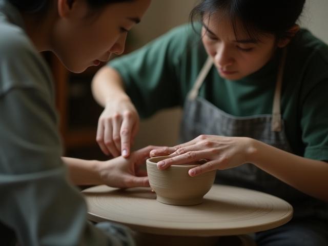 Ceramics instructor giving one-on-one guide to a student on a pottery wheel