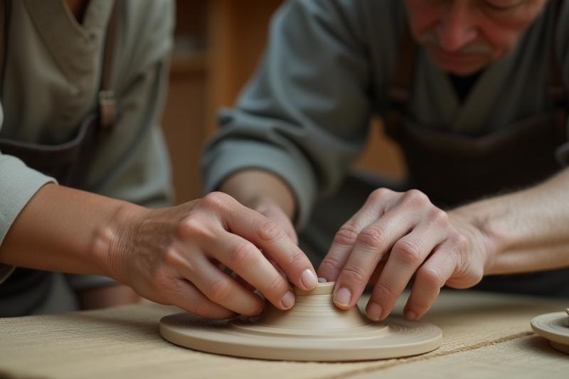 熟練した陶芸家が粘土の指導をしている手元のクローズアップ写真