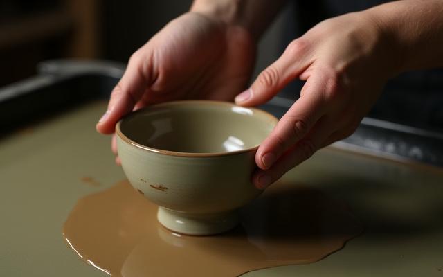 焼成前の陶器に釉薬をかける様子