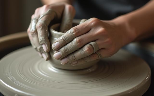 陶芸用ろくろで粘土を成形する手元