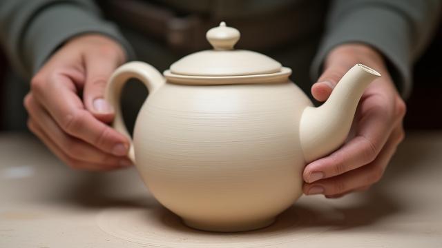 複雑な形状の蓋付き陶器を仕上げている陶芸家の手のクローズアップ