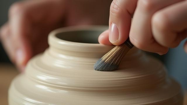 筆で陶器に繊細な模様を描いている陶芸家の手のクローズアップ