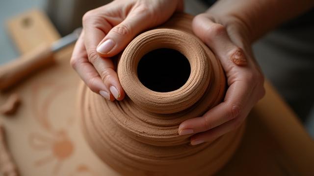 手びねりで細長いコイル状の粘土を積み重ねて器を作っている様子