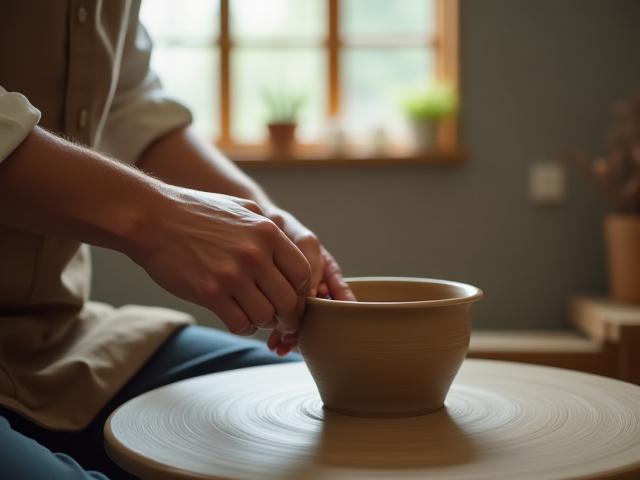 熟練の陶芸家が学生のろくろを回す手を優しく指導しているクローズアップ