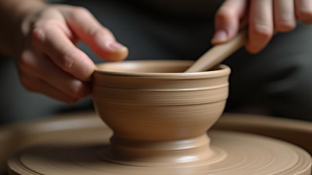 ろくろ上で乾燥した器の高台を削っている陶芸家の手のクローズアップ