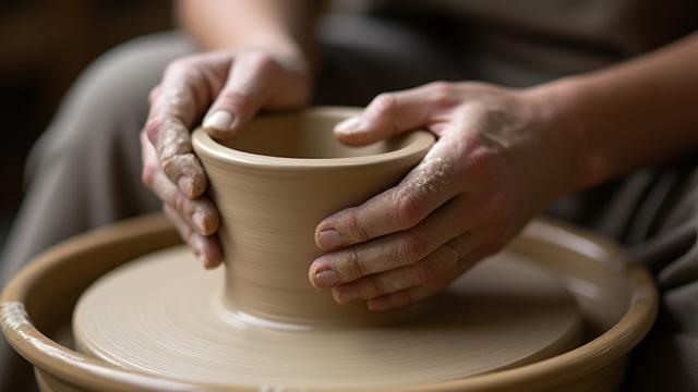 ろくろで粘土の中心を取り、形を整えている手のクローズアップ